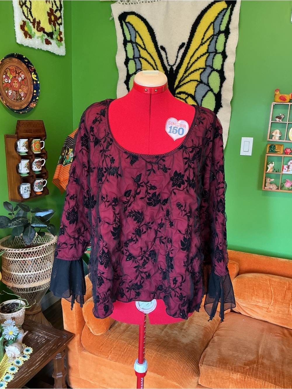 Women's Burgundy Floral Lace Overlay Top by